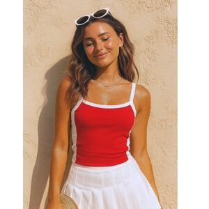 New XS Red White Tank Top Sleeveless Casual Crop Top Basic Color‎ Block Illusion